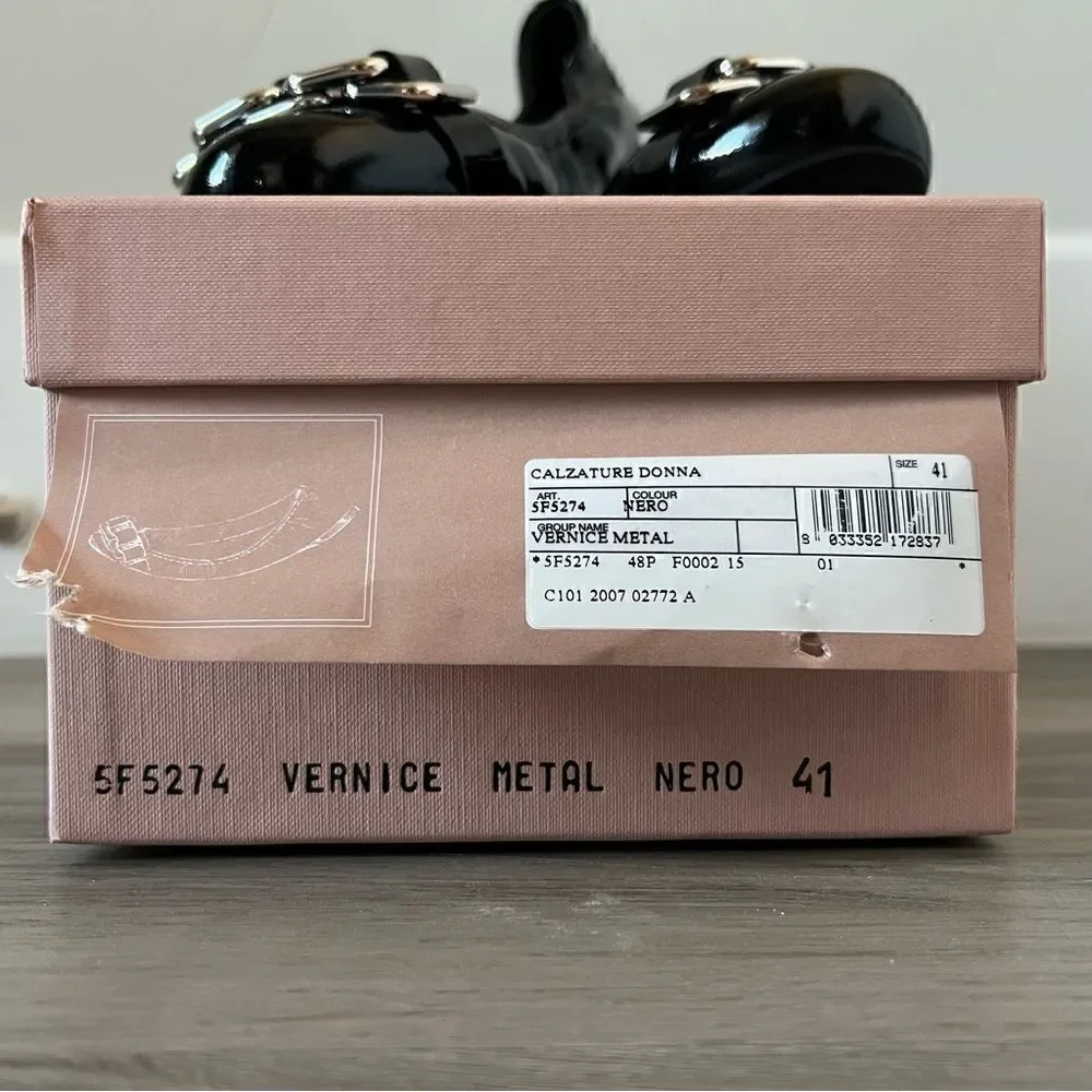 NIB vintage Miu Miu black patent flats with silvertone buckle hardware sz 11